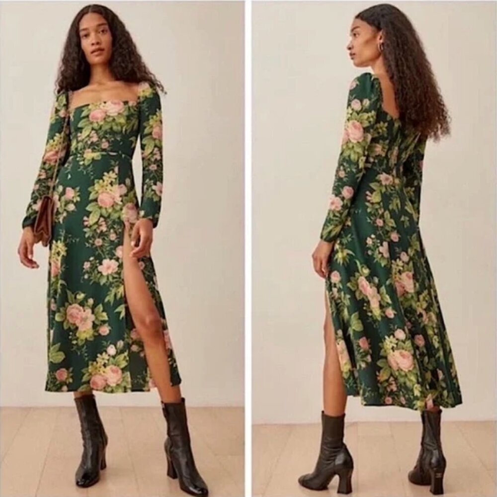 Reformation Sigmund Green Floral Long Sleeve Midi Dress